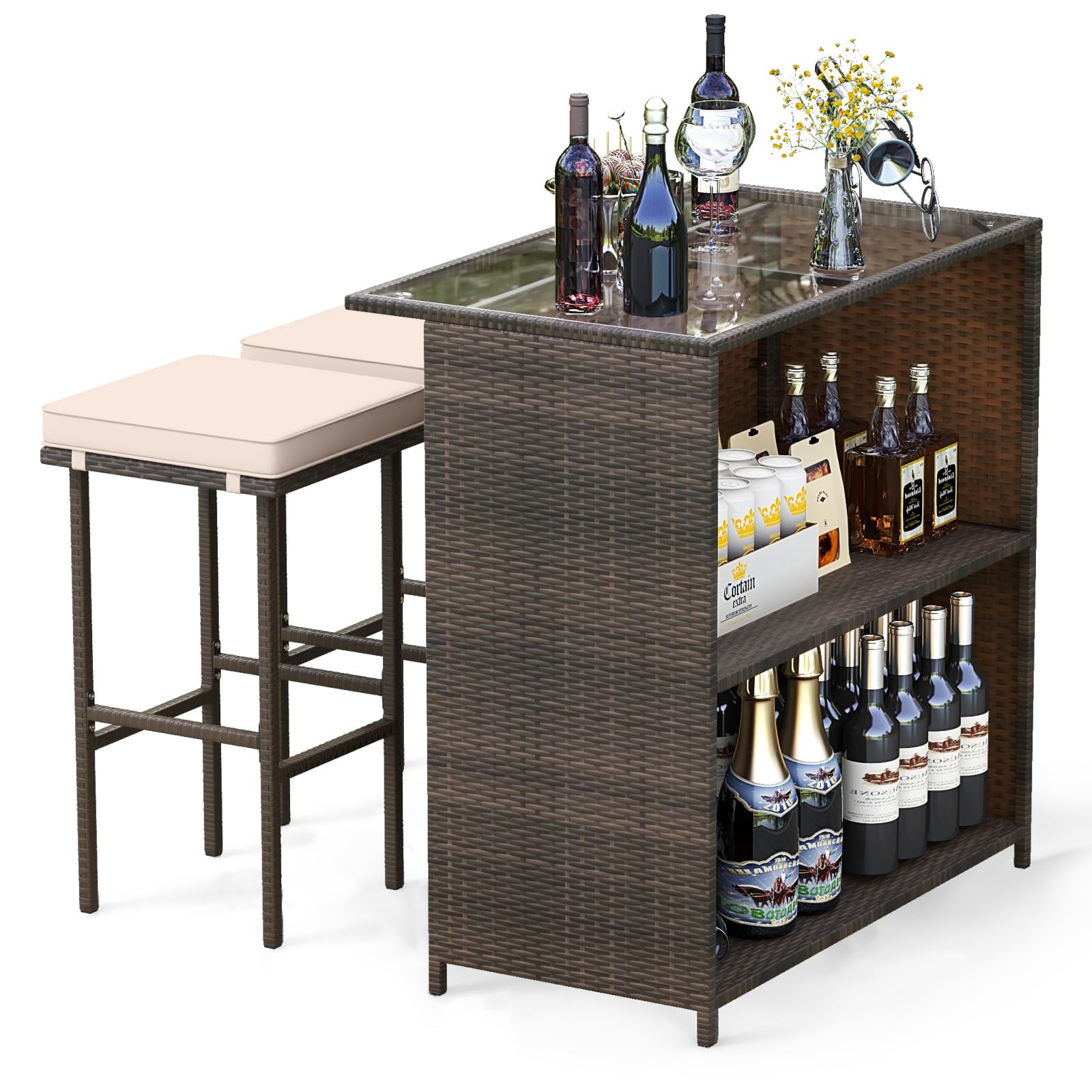 Ensemble de bar de patio 3 pièces Tangkula, table de bar d'extérieur en rotin et 2 tabourets avec plateau en verre trempé, rangement à 2 niveaux